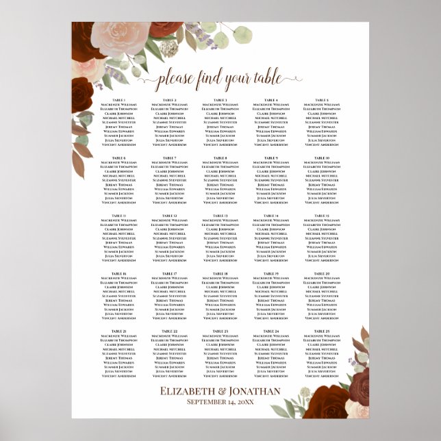 25 Bord Höstrosor Boho Bröllopsställning Diagram Poster (Framsidan)