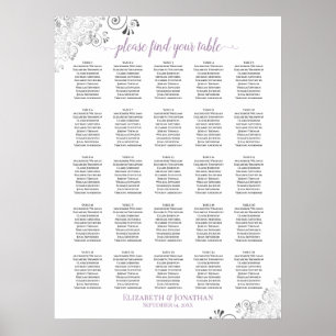 25 Bord Lacy Bröllop Seating Chart White Lavender Poster