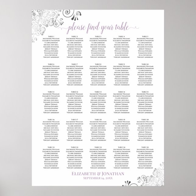 25 Bord Lacy Bröllop Seating Chart White Lavender Poster (Framsidan)