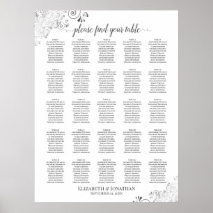 25 Bord Lacy Silver Bröllop sätesdiagram vit Poster