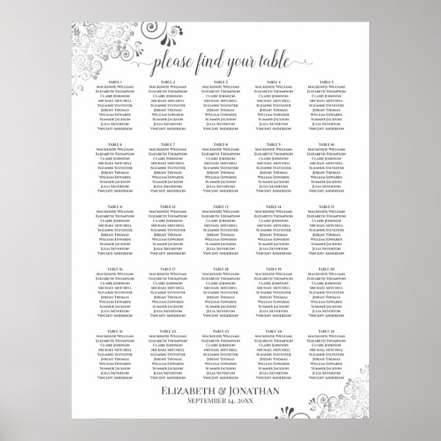 25 Bord Lacy Silver Bröllop sätesdiagram vit Poster (Framsidan)