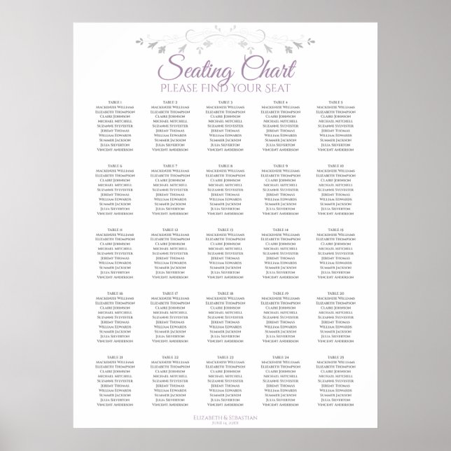 25 Bord Lila Grått Elegant bröllop sätesdiagram fö Poster (Framsidan)