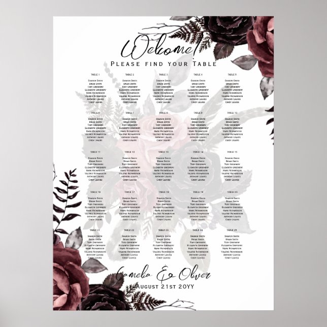 25 Bord Rustic Burgundy Ro Blommigt SATCHART Poster (Framsidan)