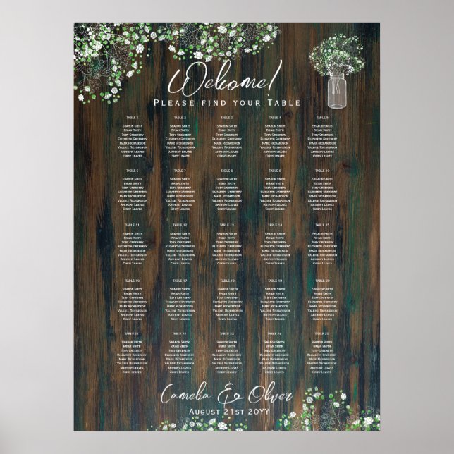 25 Bord Rustic Wood Gypsophila SEATING CHART Poster (Framsidan)
