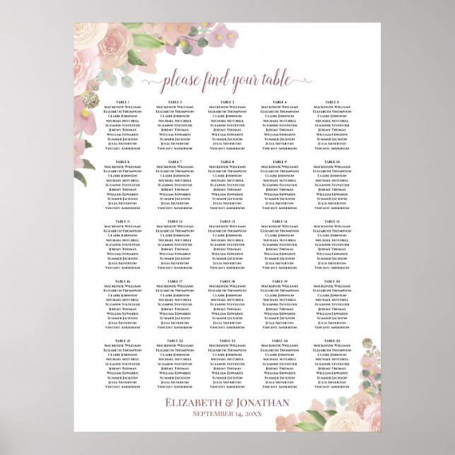 25 Bord Rustik Rosa Blommig Bröllopsplatskarta Poster (Framsidan)