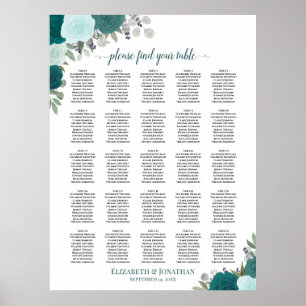 25 Bord Teal Boho Blommigt Bröllop Sittplatsdiagra Poster