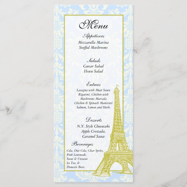 25 Bröllop i Märkrna i Paris Blue Damask Menu Meny (Framsida)