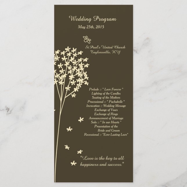 25 Brun Elegant Träd-Bröllopsprogram Program (Framsida)