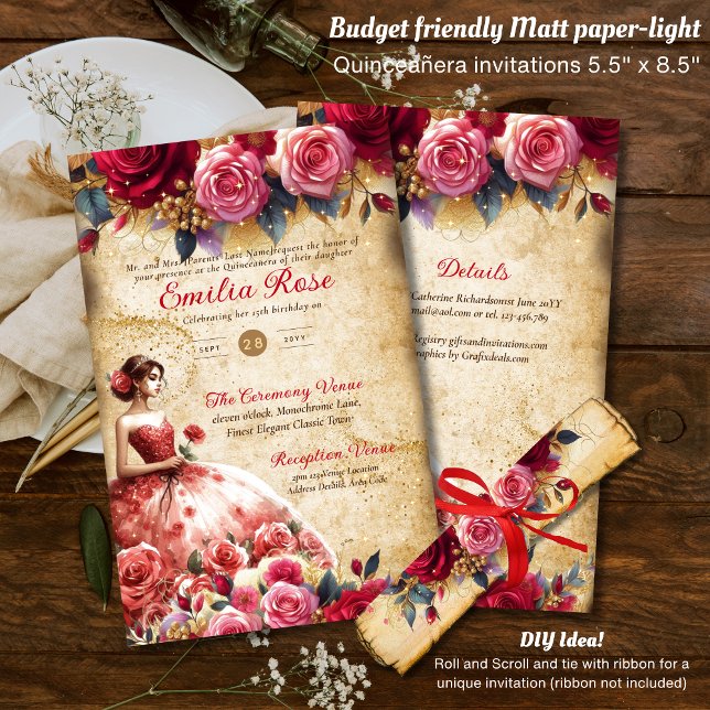 25 Budget Red Parchment look Quinceanera DIY Flygblad (Skapare uppladdad)