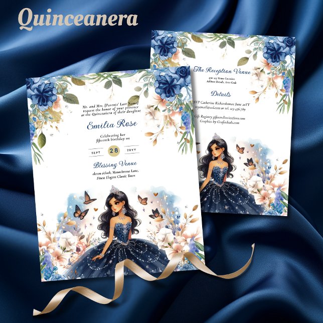25 BUDGETNavy Blue Quinceanera Dress Blommigt Papp Flygblad (Skapare uppladdad)
