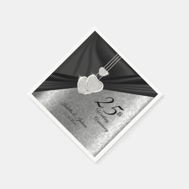 25:e årsdagen för Silver och Svarta Bröllop Pappersservett (Hörn)