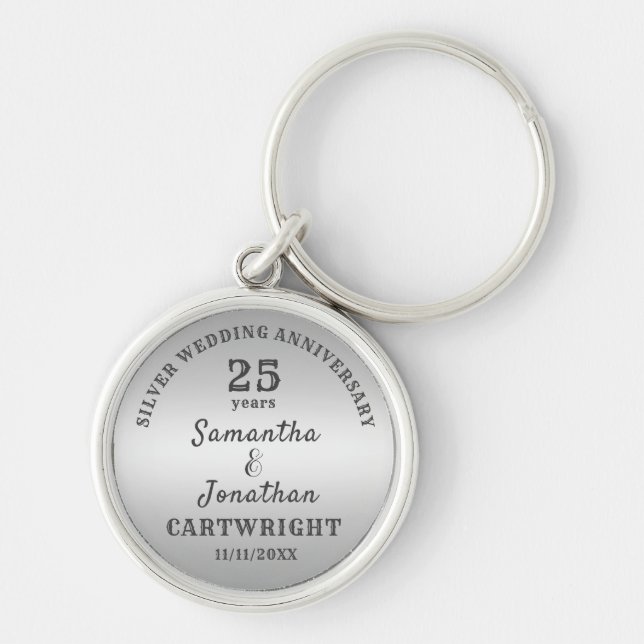 25:e BRÖLLOP ANNIVERSARY Silver Bröllop Editable Rund Silverfärgad Nyckelring (Framsidan)