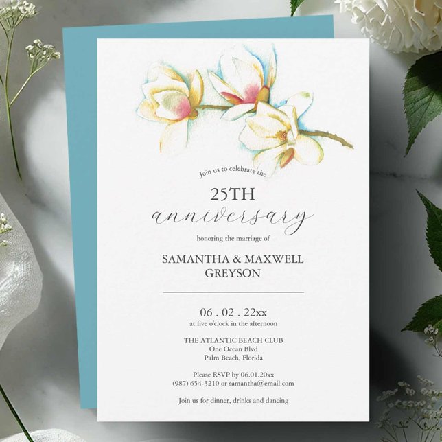 25:e Bröllop-årsdagen Blommigt för inbjudningar (Wedding anniversary invitations watercolor white magnolia flower art by Victoria Grigaliunas)