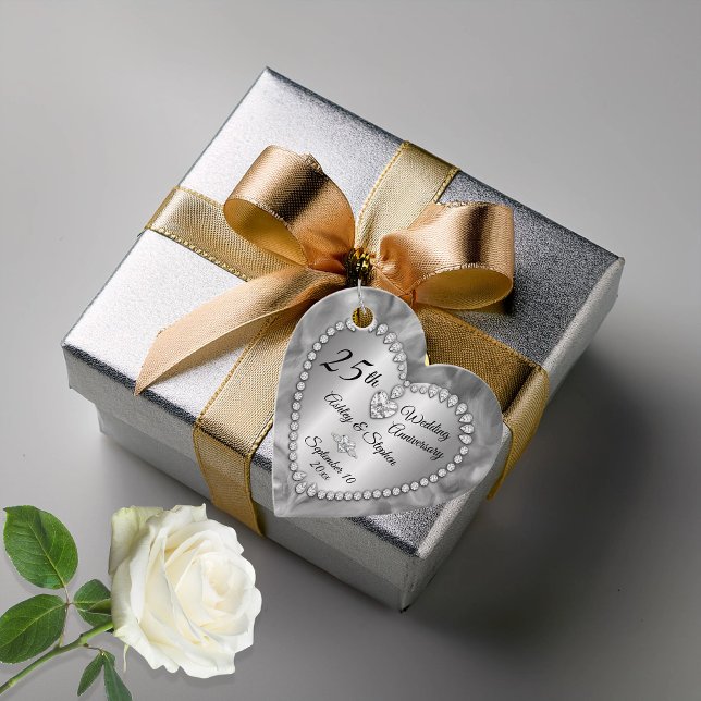 25:e Bröllop-årsdagen för Silver diamanter Gåvor Etiketter (25th Wedding Anniversary Silver Tone and Faux Diamonds Favor Tags)