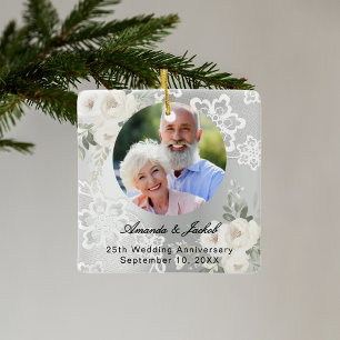 25:e Bröllop-årsdagen för silver fotot blommigt sn Julgransprydnad Keramik