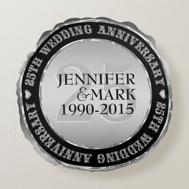 25:e Bröllop-årsdagen Metallic Silver & Black 2 Rund Kudde (Framsidan)
