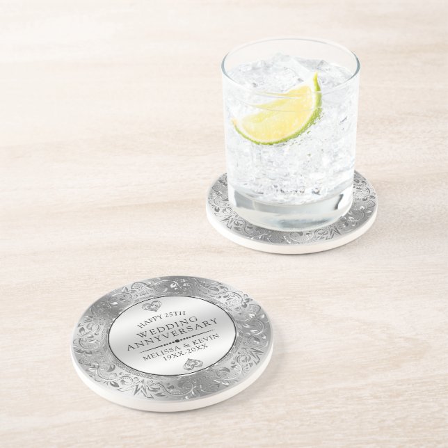 25:e Bröllop-årsdagen Shiny Blommigt Silver Ram Underlägg (Sidan)