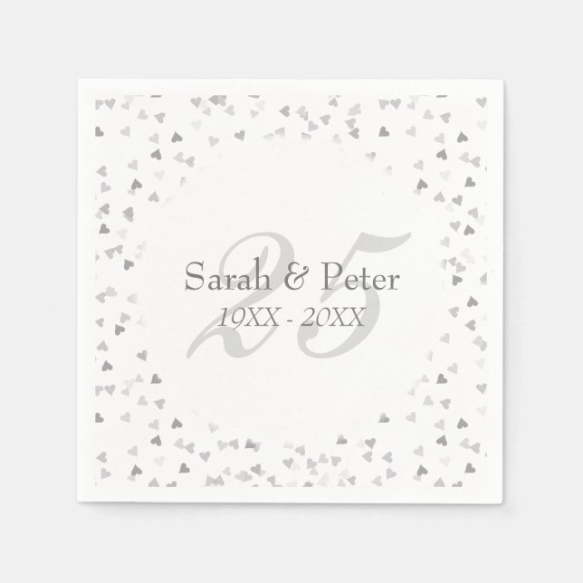 25:e Bröllop-årsdagen Silver Hearts Confetti Pappersservett (Framsidan)