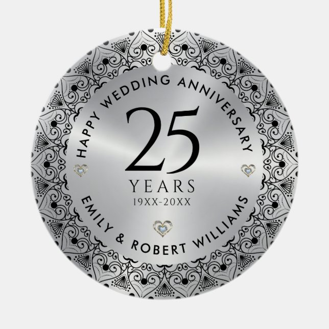 25:e Bröllop-årsdagen Silver Svarta Ram Julgransprydnad Keramik (Framsidan)