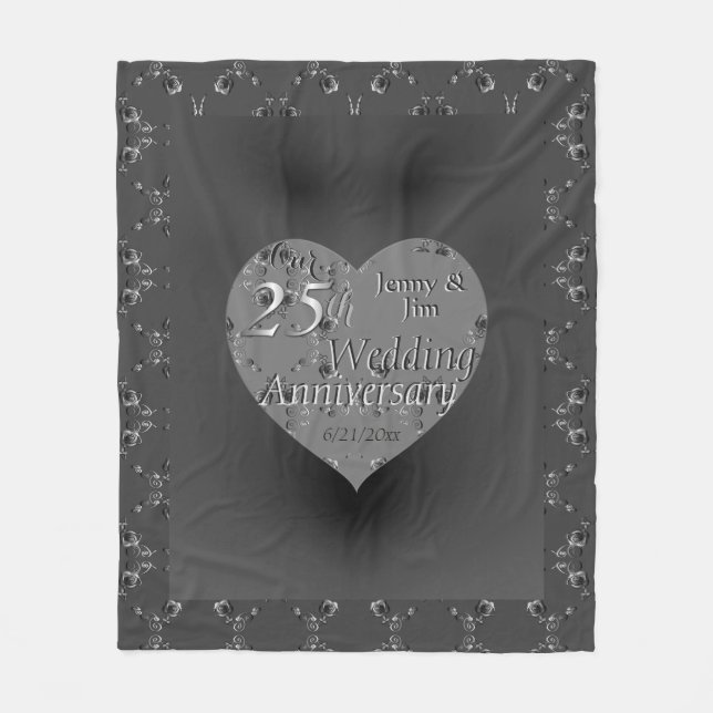25:e Bröllop-årsdagen Silvery Ro Heart Ull Fleecefilt (Framsidan)