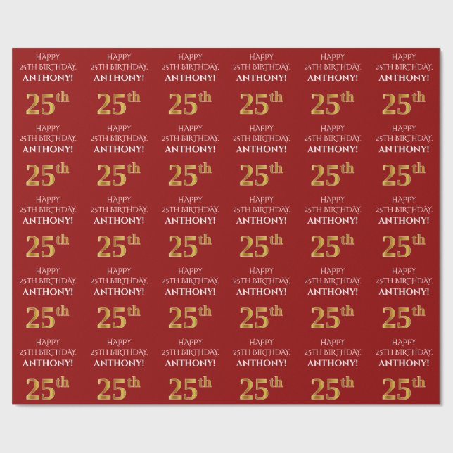 25:e födelsedag: Elegant, rött, Faux Guld-utseende Presentpapper (Platt)