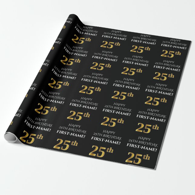 25:e födelsedag: Elegant, svart, faux Guld-utseend Presentpapper (Utrullad)