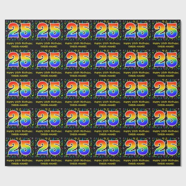 25:e födelsedagen: Färgstarka musiksymboler, regnb Presentpapper (Platt)