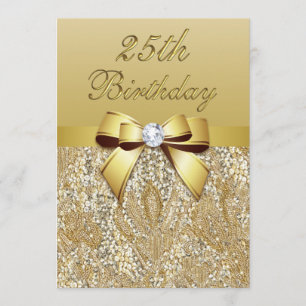 25:e födelsedagen Guld Faux Sequins och Bow Inbjudningar
