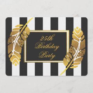 25:e födelsedagen Guld Feather Black White Rand Inbjudningar
