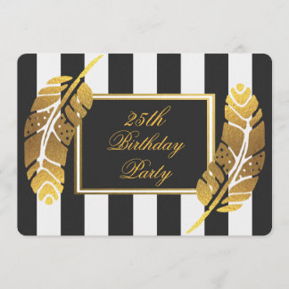 25:e födelsedagen Guld Feather Black White Rand Inbjudningar