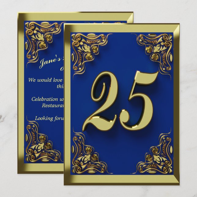 25:e födelsedagen Regal Guld Blue Hälsning eller Inbjudningar (Fram/baksida)