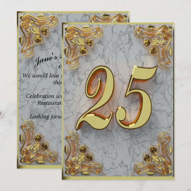 25:e födelsedagen Regal Guld Marble Hälsning eller Inbjudningar (Fram/baksida)