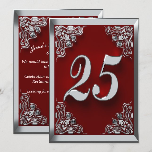 25:e födelsedagen Regal Silver Red Hälsning eller Inbjudningar (Fram/baksida)