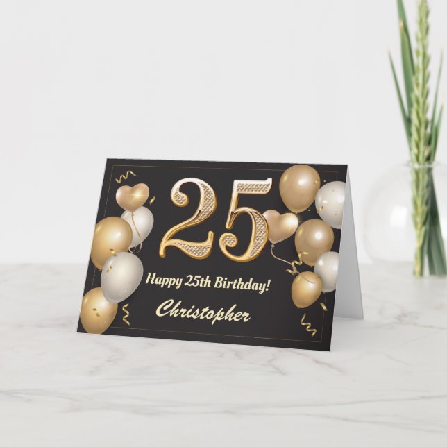 25:e födelsedagen Svart och Guld födelsedag Kort (Framsida)