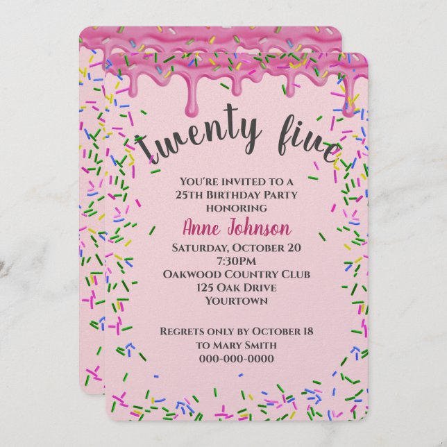 25:e födelsedagens Rosa Icing and Sprinkles Inbjudningar (Fram/baksida)