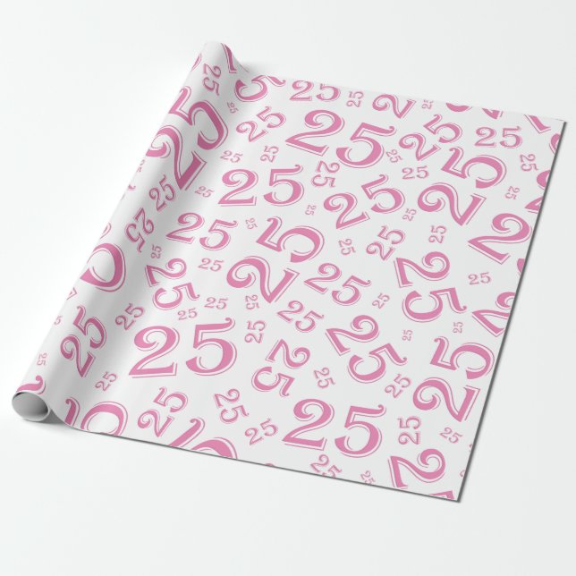 25:e födelsedagens Rosa/Vit slumpnummer Mönster 25 Presentpapper (Utrullad)