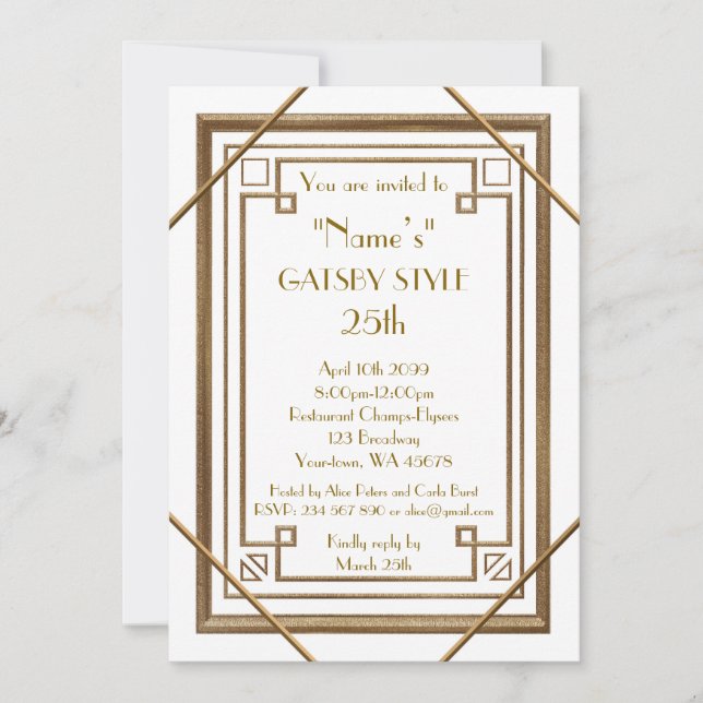 25:e,Födelsedagsfest, Gatsby stil, vit och guld Inbjudningar (Framsida)