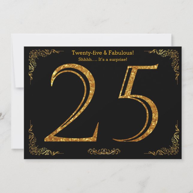25:e Födelsedagsfesten,Gatsby styl,svart guld glit Inbjudningar (Framsida)
