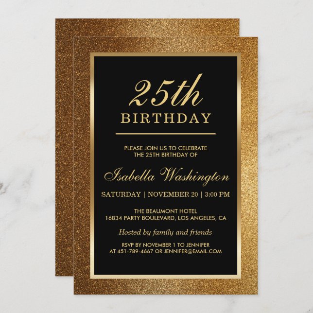 25:e Födelsedagsfesten | Trendig Glam Guld Glitter Inbjudningar (Fram/baksida)