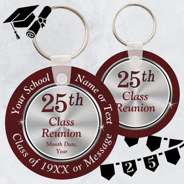 25:e klass Reunion-idéer, 25:e återföreningsfavori Nyckelring (25th Class Reunion Favors. Maroon Burgundy and Silver Gray, Class Reunion Keychains.)