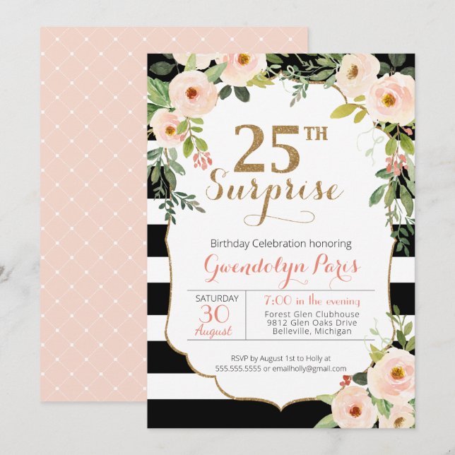 25:e överraskningsdagen för Svarta vita Rand-Blomm Inbjudningar (Fram/baksida)