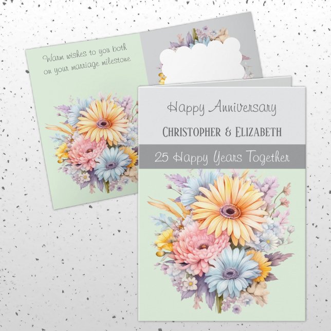 25:e Silver-årsdagen för blommor grått grönt Kort (Skapare uppladdad)
