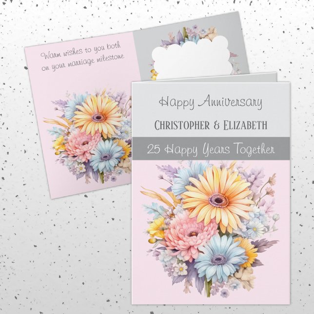 25:e Silver-årsdagen för blommor grått rosa Kort (Skapare uppladdad)