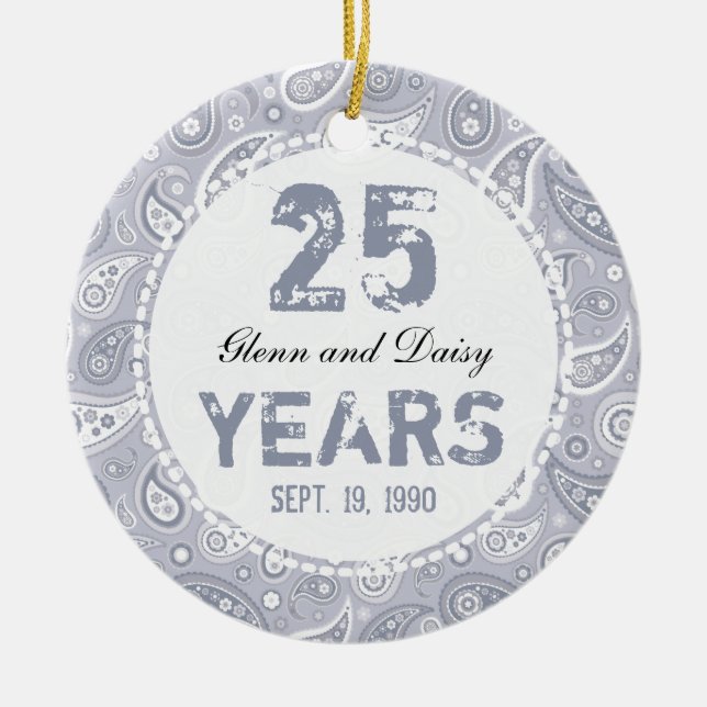 25:e Silver-årsdagen för Bröllop, Paisley Monogram Julgransprydnad Keramik (Framsidan)