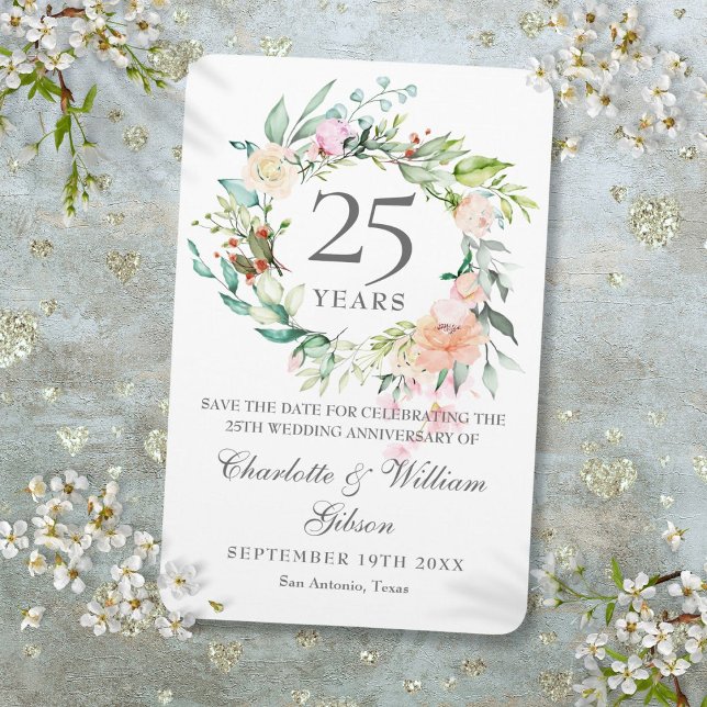 25:e Silver-årsdagen Ro Blommigt Spara datum Magnet (25th Silver Anniversary Roses Floral Save the Date Magnet)