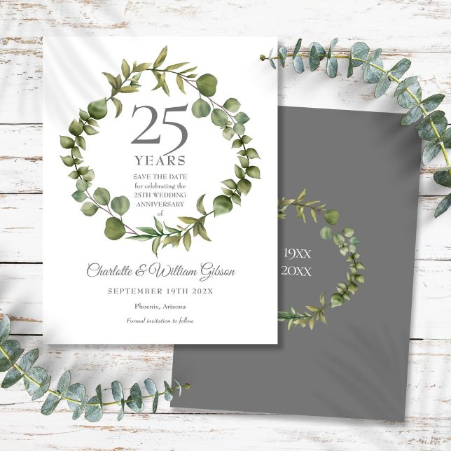 25:e Silver-årsdagen Spara datameddelandet Meddelande Vykort (25th Silver Anniversary Save the Date Greenery Announcement Postcard)