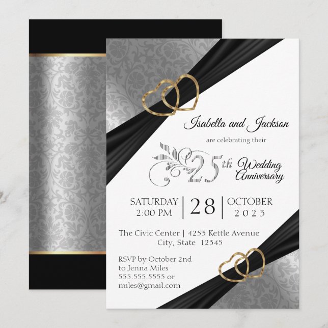 25:e Silver Heart Jubileumsdesign Inbjudningar (Fram/baksida)
