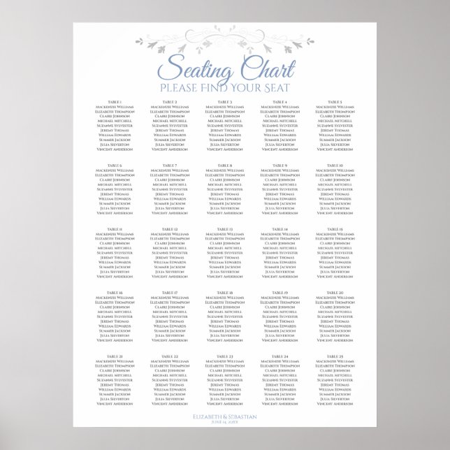 25 Elegant Blåvita sätesschemat Bröllop i Bord Poster (Framsidan)