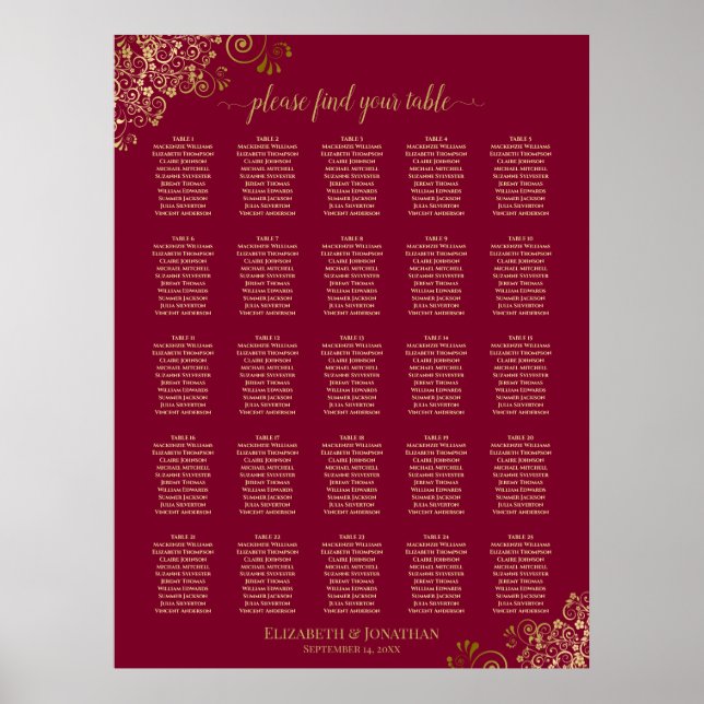 25 Elegant Burgundy och sätesdiagram för Guld Poster (Framsidan)