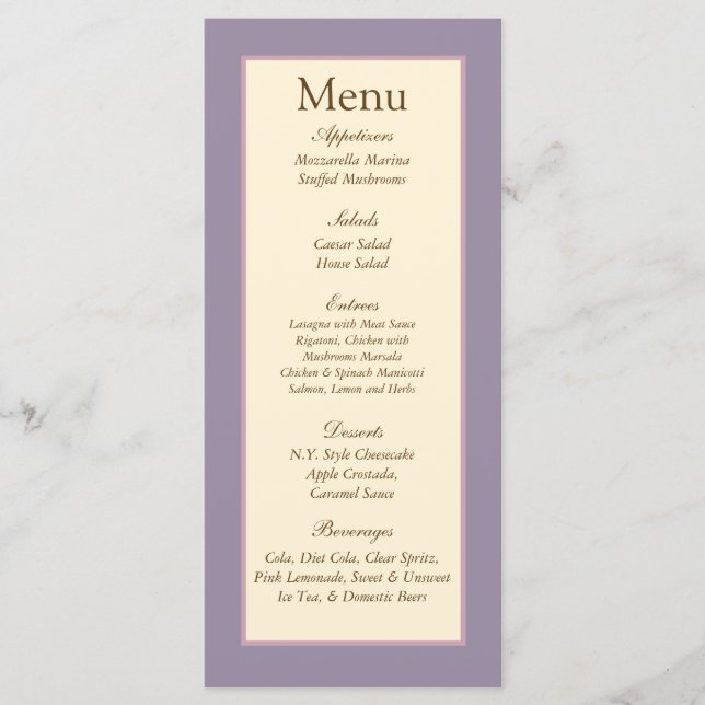 25 Elegant Lila Bröllop Menu-Märkre Meny (Framsida)